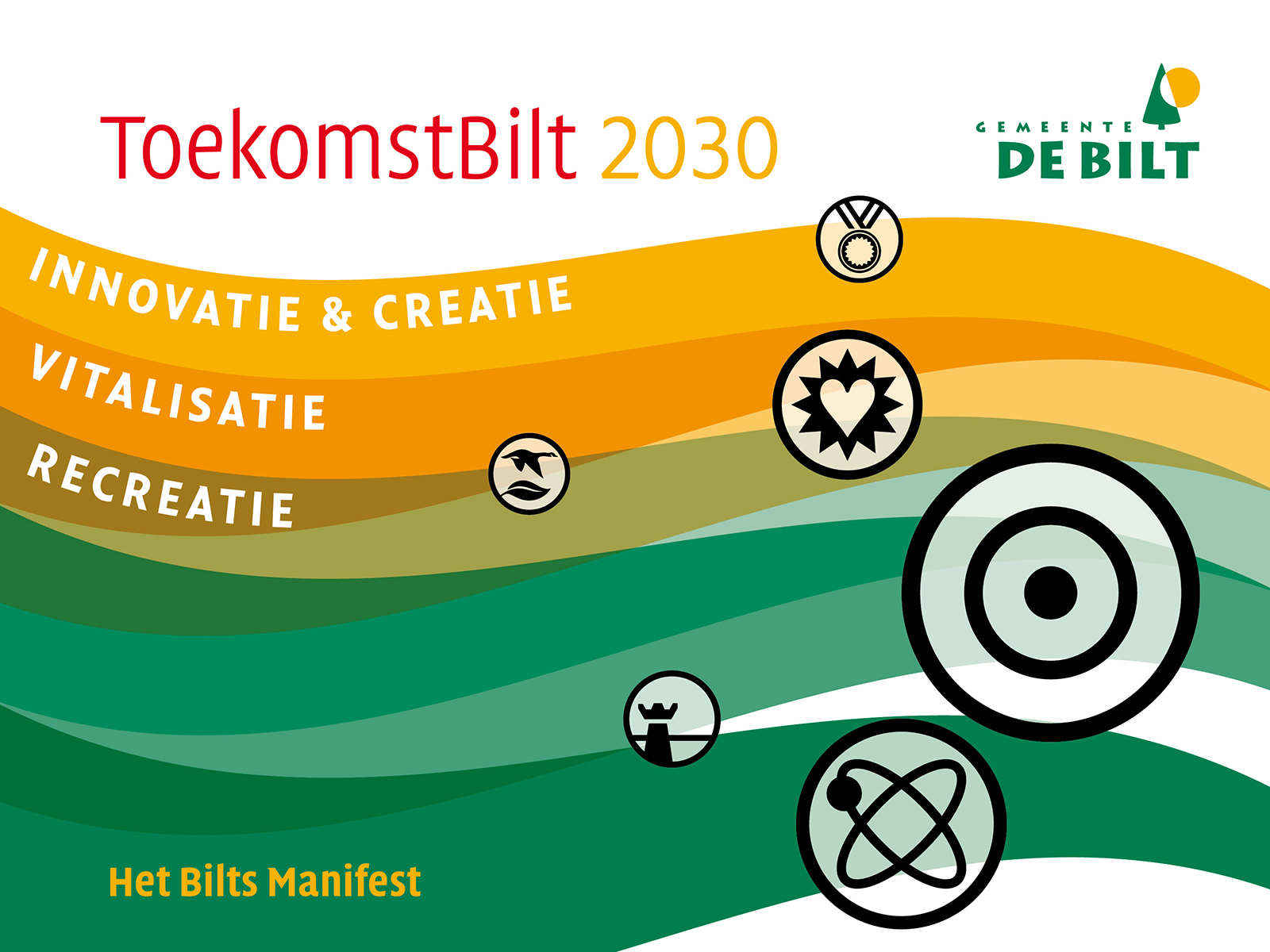 Huisstijlelementen toegepast op omslag: gele en groene bogen, typografie en pictogrammen.
