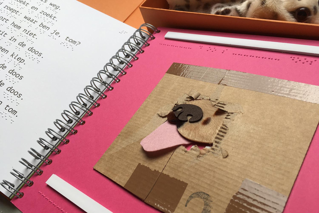Tactiele illustratie uit een van de andere boeken in de serie: een hond steekt zijn neus door een kartonnen doos.