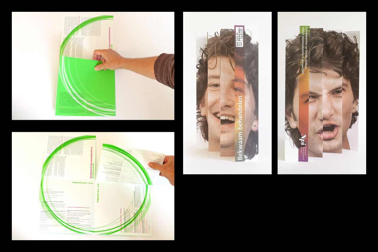 Voorbeelden van twee van de uitnodigingen: een fluorescerende vouwvel en een concertina.