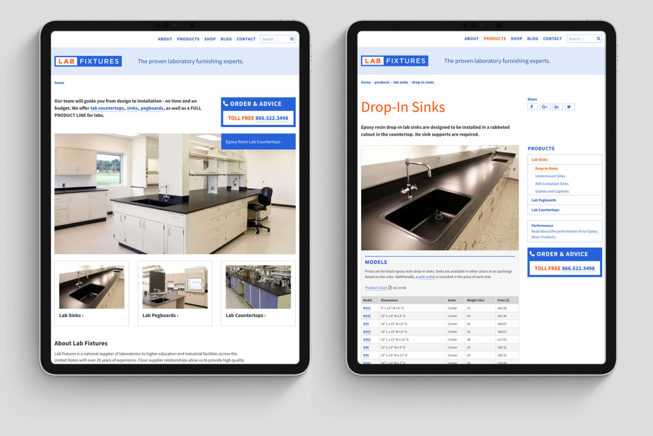 Twee pagina's van de site op tablets.