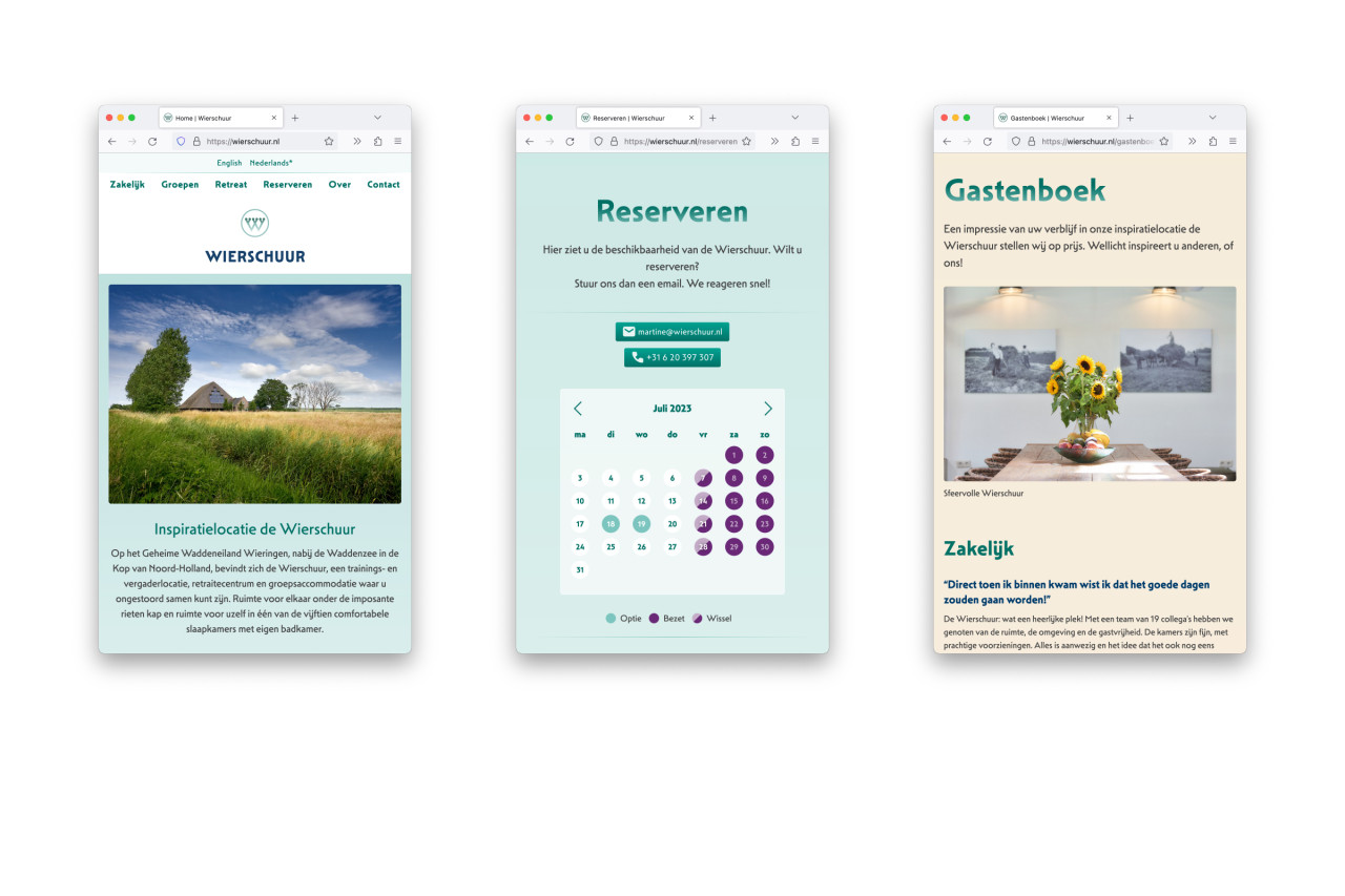 Een drietal pagina’s van de website, homepage, reserveren en gastenboek.